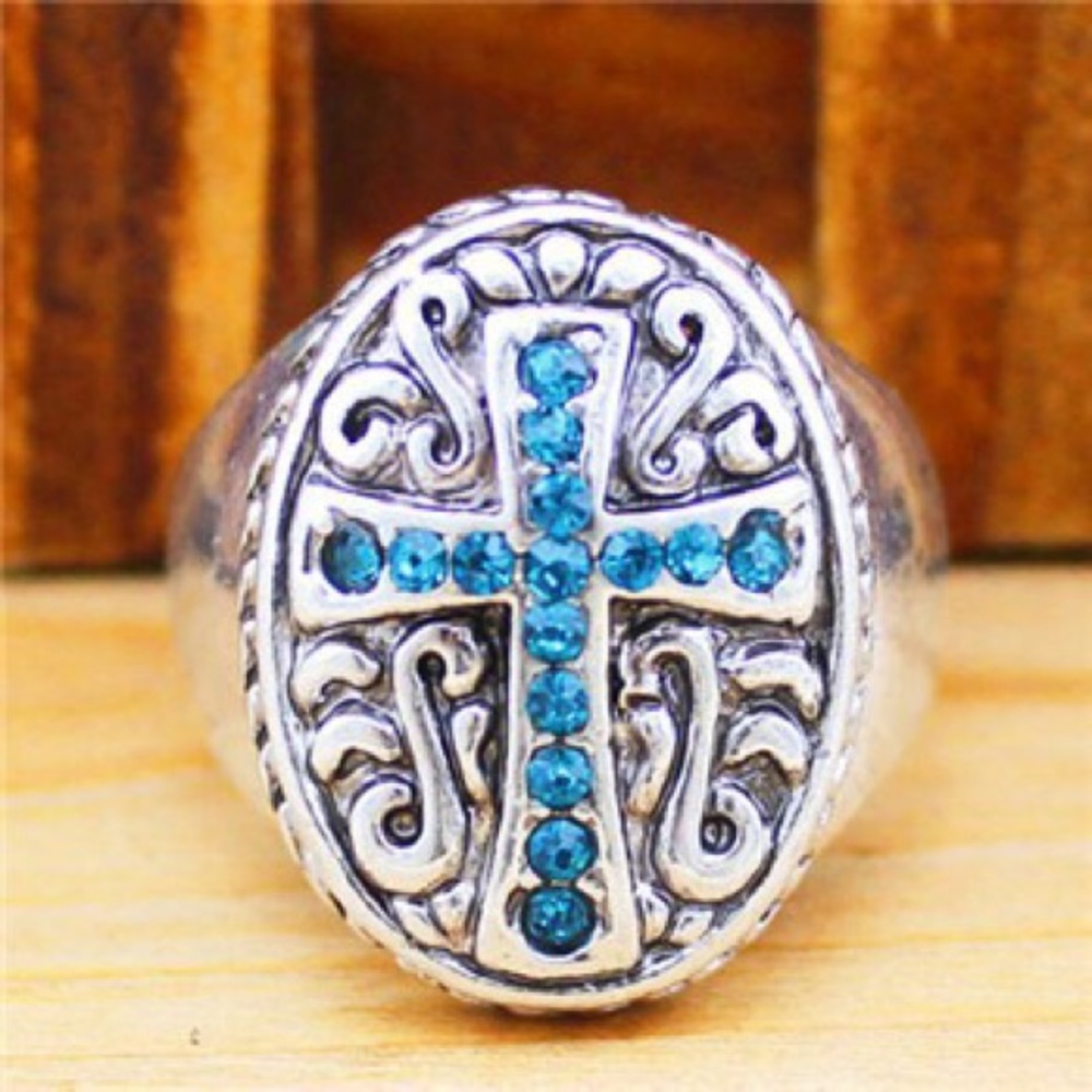 Pretty Pink or Blue Holy Cross Silver Ring Size 6